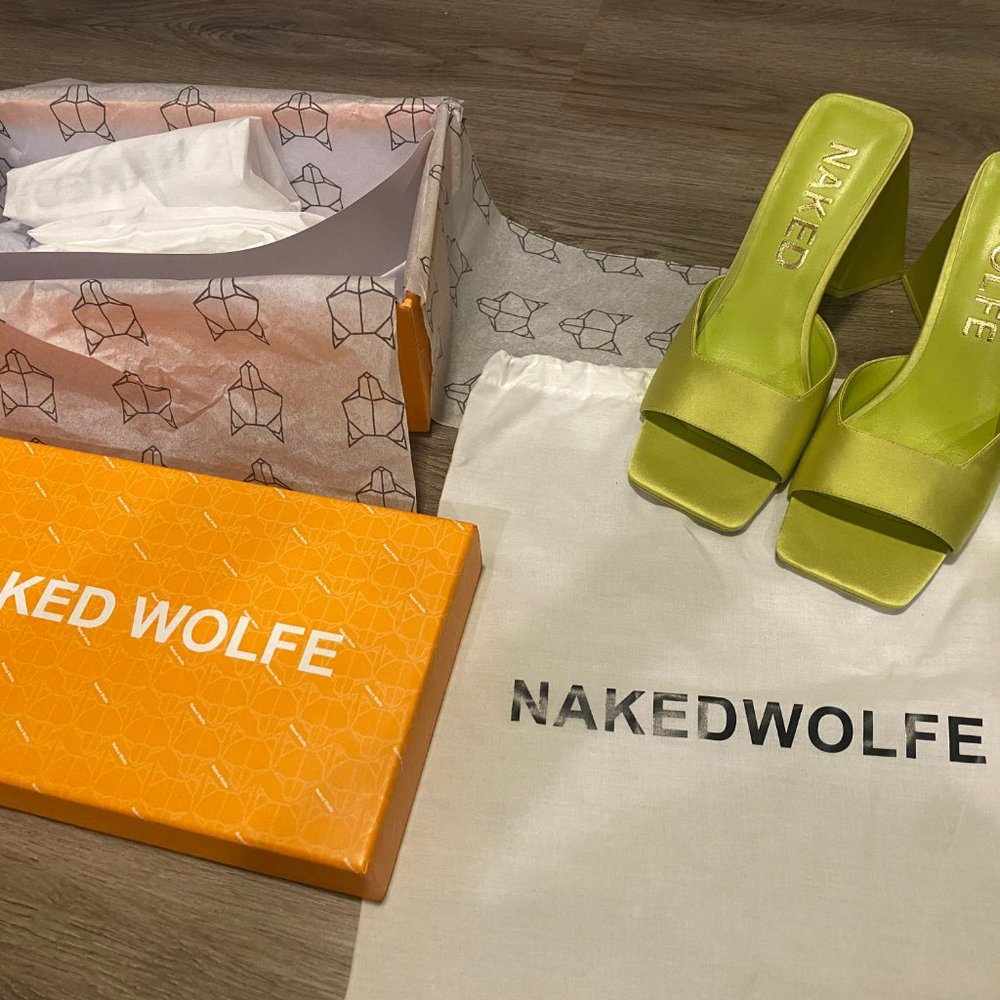 Naked Wolfe Vanity Open toe 106mm Heeled Satin Sandals Lime Green US8/7.5